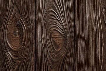 Naklejka premium Dark stained wood planks with prominent knots and textured grain pattern