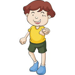 Cartoon young boy with brown hair and a yellow t-shirt and green shorts winks and points finger forward with blue socks and shoes on transparent background