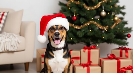 Happy Dog Wearing Santa Hat by Christmas Tree