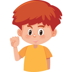 Cartoon young boy with short spiky orange hair wearing a yellow t-shirt smiling and waving with a transparent background.