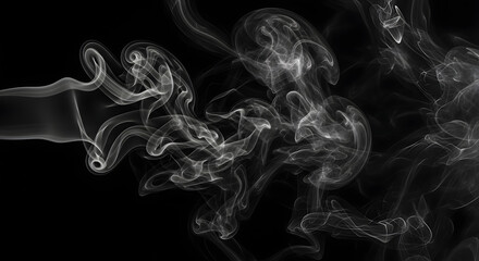 Abstract swirling white smoke trails against a dark black background creating ethereal patterns