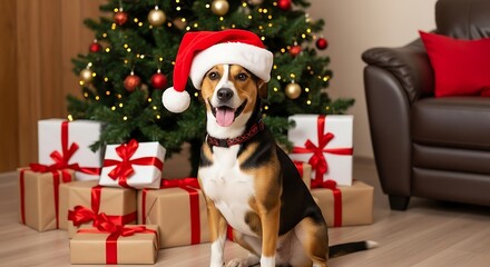 Adorable Dog in Santa Hat by Christmas Tree