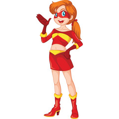 Cartoon Young Girl Superhero Costume Red Yellow Outfit Mask Gloves Boots Standing Pose One Hand Raised Waving Transparent Background
