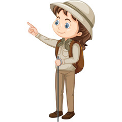 Cartoon Young Female Explorer In Khaki Safari Outfit Holding Walking Stick And Backpack Pointing Forward With Index Finger White Background