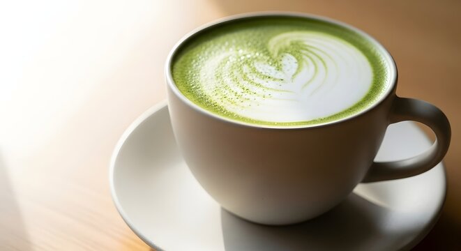 A creamy frothy matcha latte with latte art in a white mug on a saucer bathed in warm sunlight