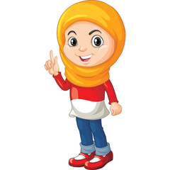 Cartoon Young Girl Wearing Yellow Hijab and Red White Shirt Blue Jeans Standing and Pointing Finger Up in Transparent Background