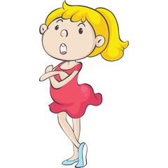 Cartoon Young Girl With Blonde Ponytail Wearing A Red Dress And Blue Shoes With Arms Crossed And A Surprised Expression On A Transparent Background