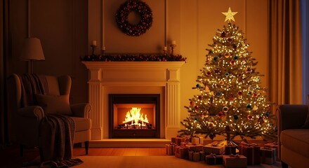 Festive Christmas Living Room with Fireplace and Glowing Tree