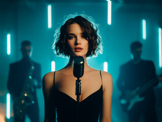 Female singer performing on stage with microphone and band in modern lighting