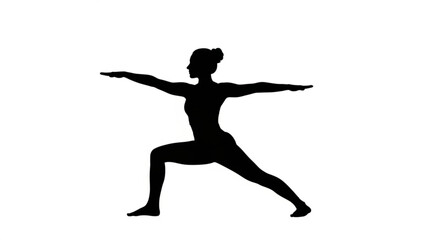 Silhouette of a woman in warrior two yoga pose with arms extended and legs in a wide stance position