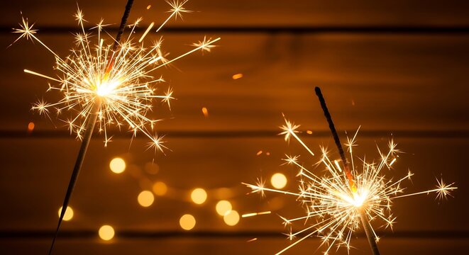Two sparklers glowing brightly on a wooden background with bokeh lights