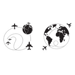 Aircraft clip art icons with way path tracks. Airplanes minimal vector illustration