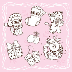 Christmas gnome with cut kitten cartoon hand drawn