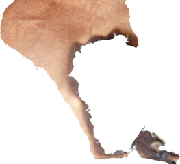 A piece of paper is charred black on a transparent background.