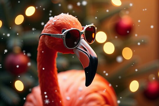 Chill Christmas Vibes: Flamingo in Shades amidst Bokeh Lights and Snowflakes in Slow Motion
