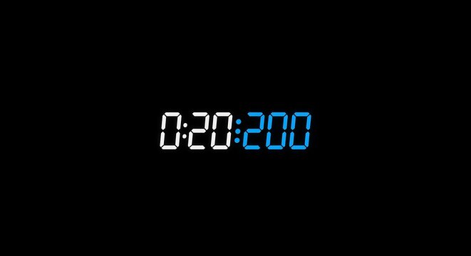 Digital countdown clock displaying time, with white and blue numerical digits against a black background