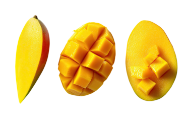 Three segments of a ripe mango, one whole, two cubed