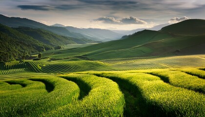 lush green field rows in mountainous landscape
