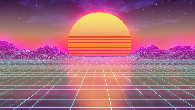 Retro 80s scene sun rising over wireframe landscape