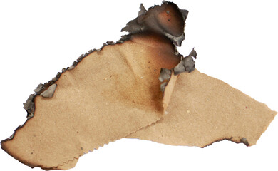A piece of paper is charred black on a transparent background.