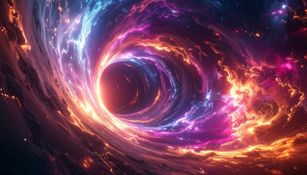 Digital cosmic artwork depicting a swirling vortex of vibrant celestial energy with a dark center - Powered by Adobe