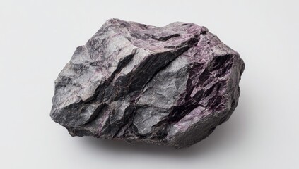 Obraz premium Close-up of a rough, dark gray rock with prominent cracks and veins of purple mineral