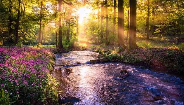 sunbeams illuminate a vibrant floral forest stream