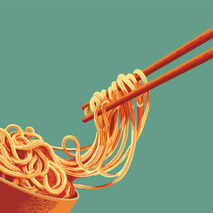 Vector illustration of chopsticks picking up a buch of noodles