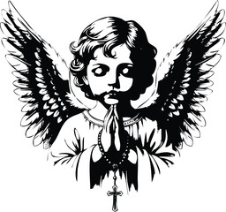 Angel with wings praying holding rosary with cross engraving art design