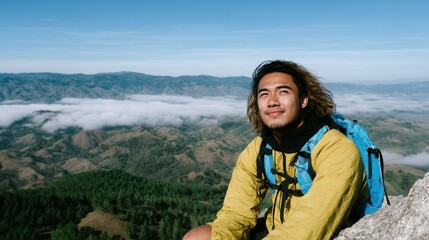 Naklejka premium A young man in a yellow jacket sits on a rock, enjoying the breathtaking view of mountains and clouds. Ideal for adventure and travel themes.