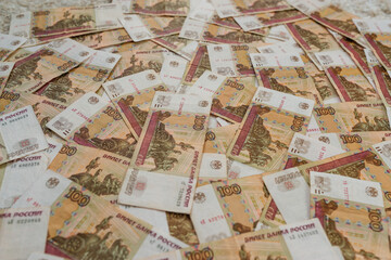 Russian banknotes with a face value of one hundred rubles
