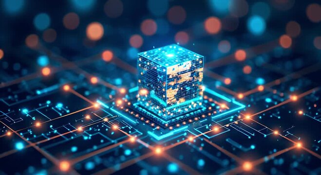 Abstract futuristic digital core unit on an illuminated circuit board representing AI big data processing quantum computing or a blockchain network