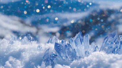 173Macro view of jagged ice crystals with translucent blue and white hues, bokeh reflections in the background adding depth and cold luminous atmosphere - Powered by Adobe