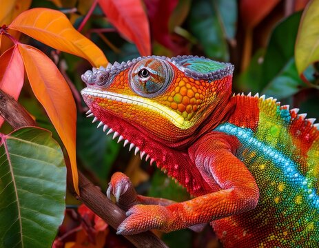vibrant chameleon amidst colorful foliage