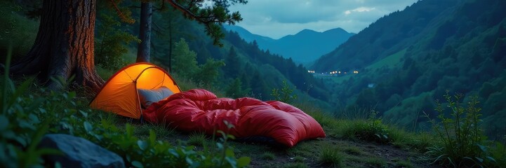 A cozy sleeping bag nestled amongst lush greenery, ready for a night under the stars Perfect for camping, hiking, or outdoor adventures , forest, wilderness, autumn