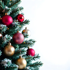 Festive Decorated Christmas Tree with colorful ornaments,  Bright White Background, Modern Holiday Design