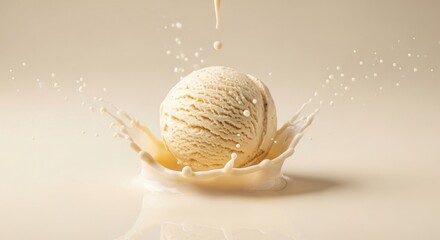 A scoop of vanilla ice cream splashing into a pool of milk.