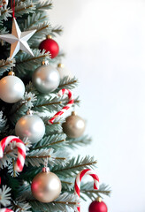 Decorated Christmas Tree with Colorful Balls, Candy Canes, and Pearls, Snow-Flocked Branches on White Background, Holiday Celebration