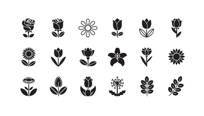 Collection of twenty stylized floral icons in black and white, featuring roses, tulips, sunflowers, daisies, and other flower and leaf designs.
