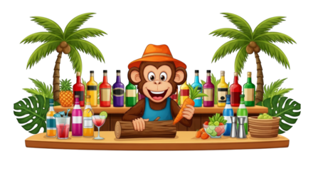 Cartoon monkey bartender at tropical bar with drinks vector on transparent background