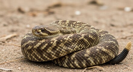 Naklejka premium A rattlesnake coiled on the ground with a sandy background.