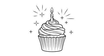 Hand drawn outline of a birthday cupcake with a lit candle and sparkles