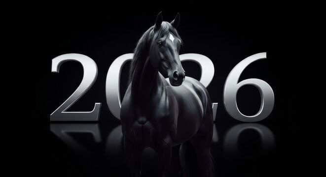 Black Horse Year 2026 Concept - A sleek black horse stands in front of large silver numbers 2026 against a black background