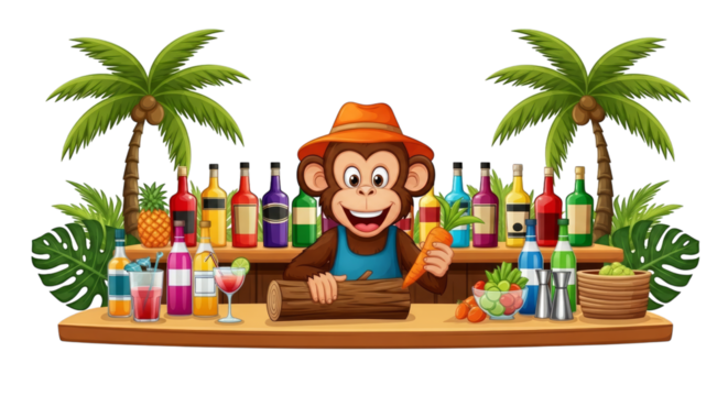 Cartoon monkey bartender at tropical bar with drinks vector on transparent background