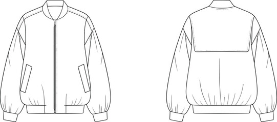 Bomber jacket technical sketch, front and back view, zipper closure, ribbed collar and cuffs, welt pockets, fashion flat, garment construction, vector illustration