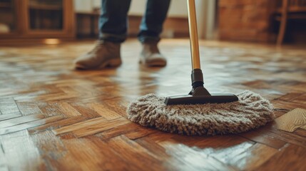 Professional cleaning service performs deep cleaning of hardwood floors in residential space