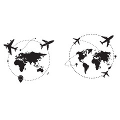 Aircraft clip art icons with way path tracks. Airplanes minimal vector illustration