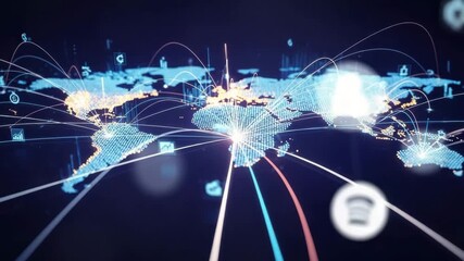 Global network connections visualized on a digital world map with glowing lines and data icons - Powered by Adobe