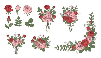 Collection of hand-drawn rose bouquets and floral elements for decorative design purposes.