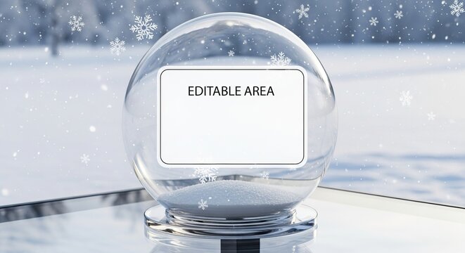 A clear glass snow globe with a white editable area inside set against a soft focus winter forest background with falling snow